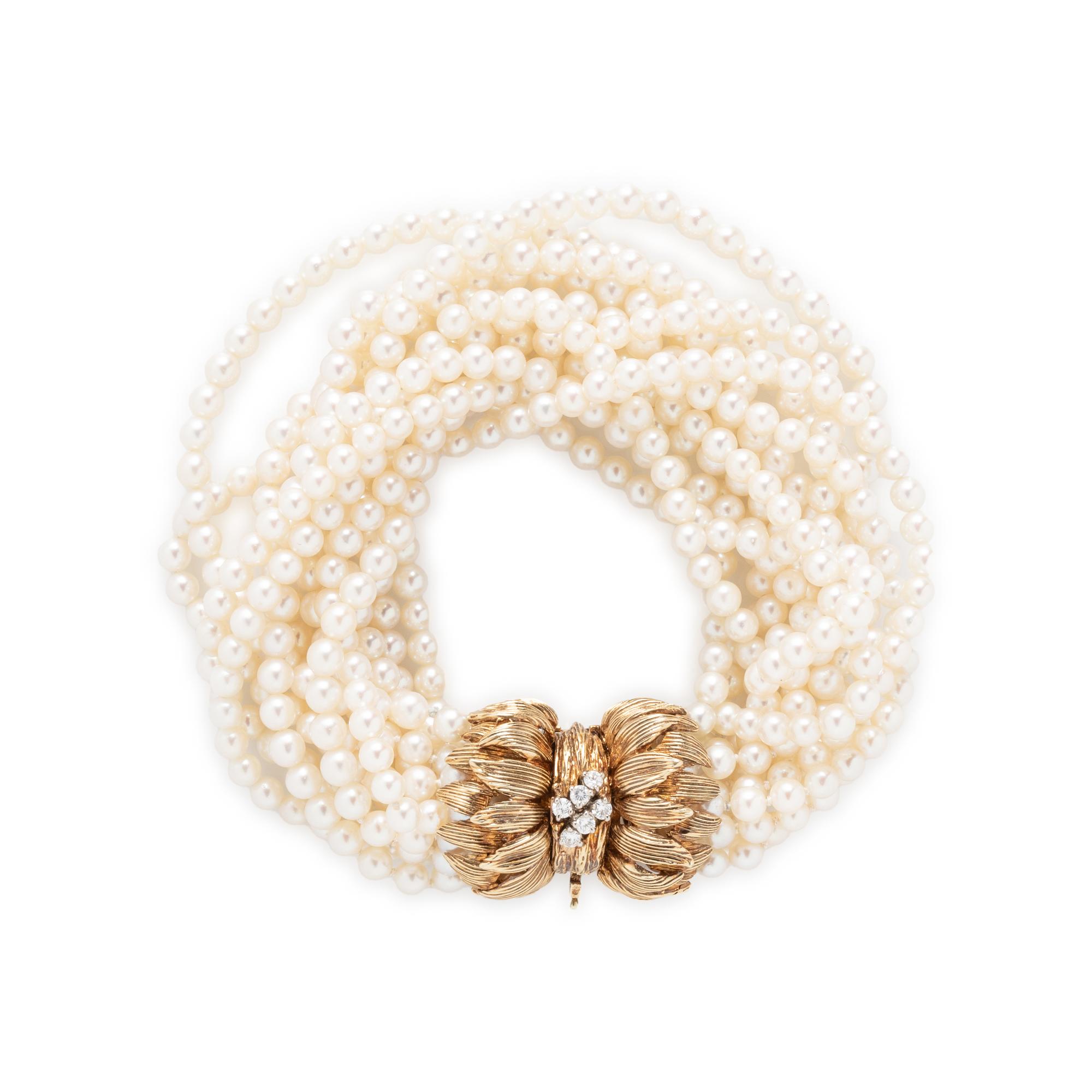 YELLOW GOLD, CULTURED PEARL, AND DIAMOND BRACELET