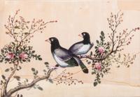 Seven Chinese Export Pith Paintings of Perched Birds and Flowers