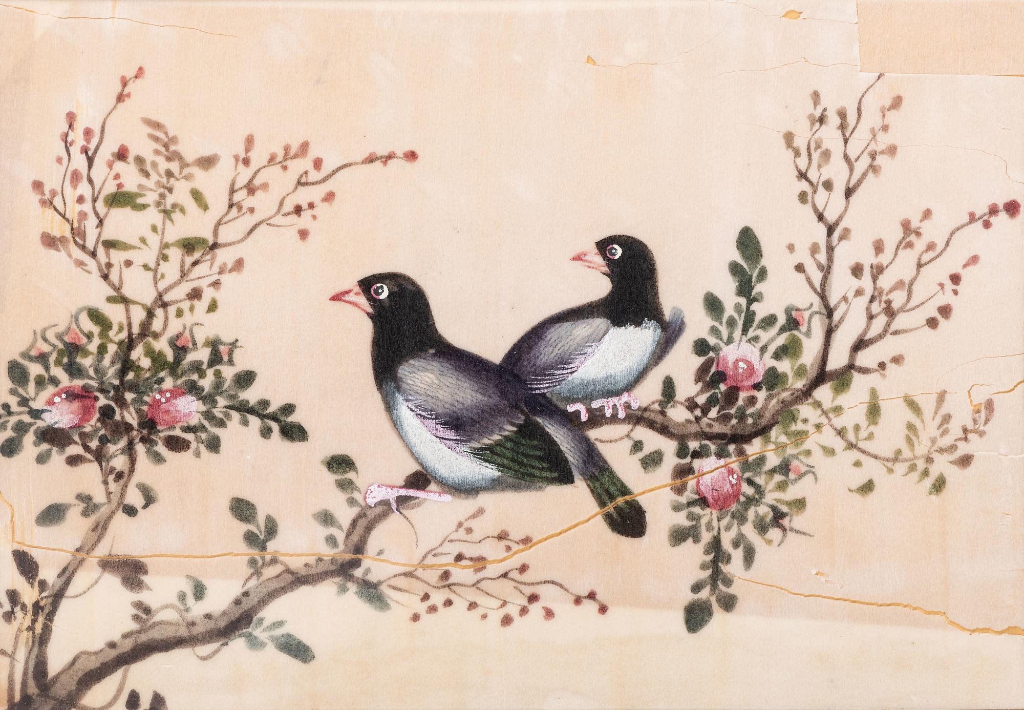 Seven Chinese Export Pith Paintings of Perched Birds and Flowers