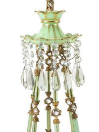 A French Opaline Glass and Gilt Bronze Twelve-Light Chandelier with Cut Glass Hurricane Shades