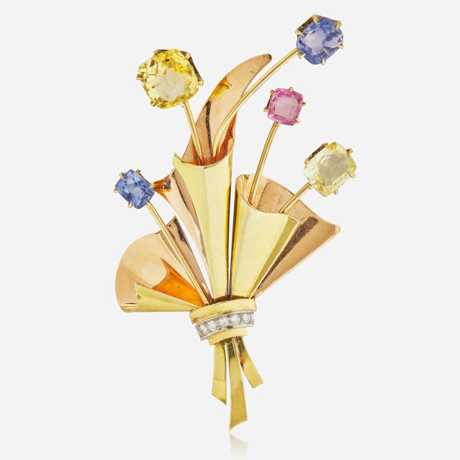 A Sapphire, Diamond, Pink Spinel, and 14K Gold Brooch