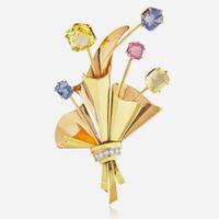 A Sapphire, Diamond, Pink Spinel, and 14K Gold Brooch