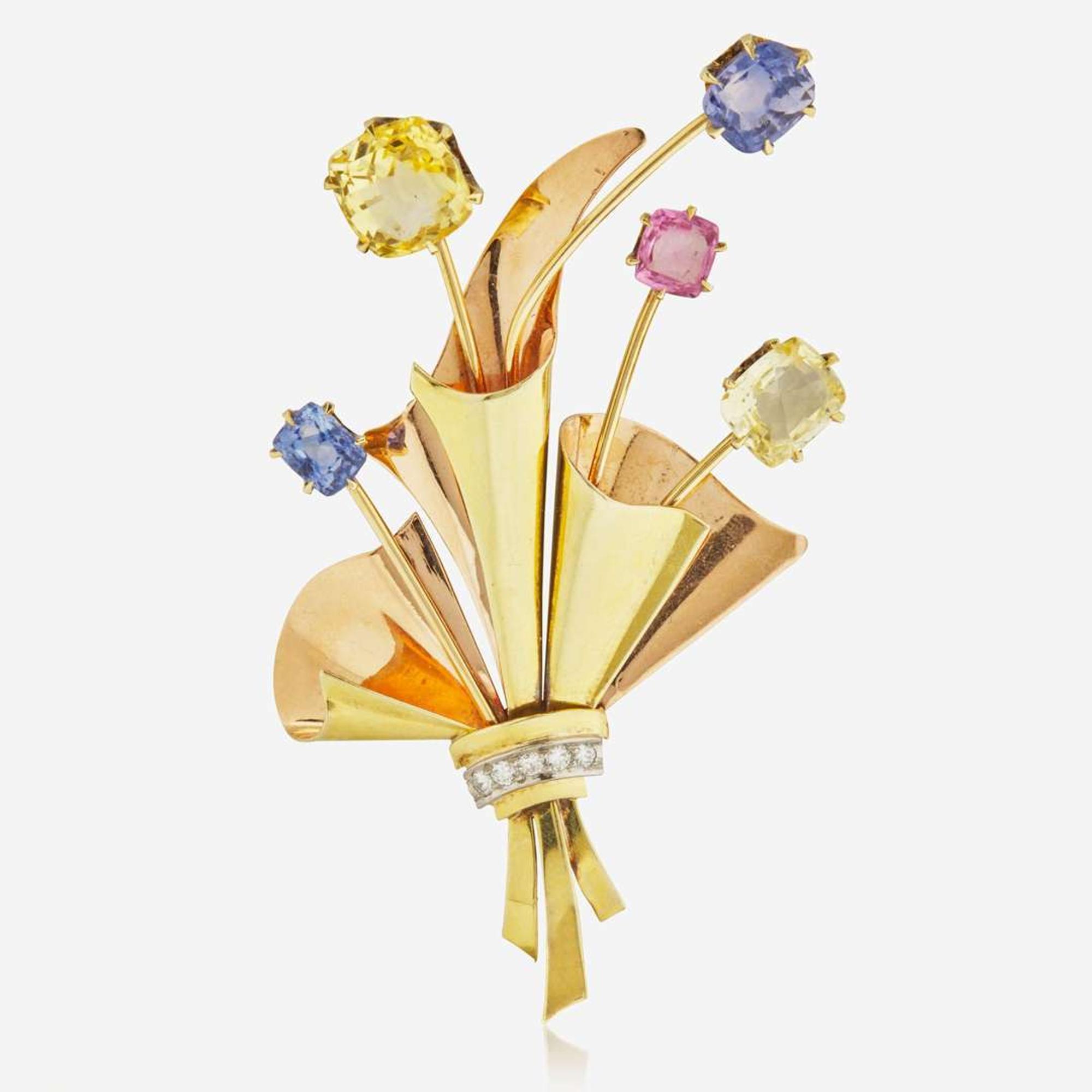 A Sapphire, Diamond, Pink Spinel, and 14K Gold Brooch