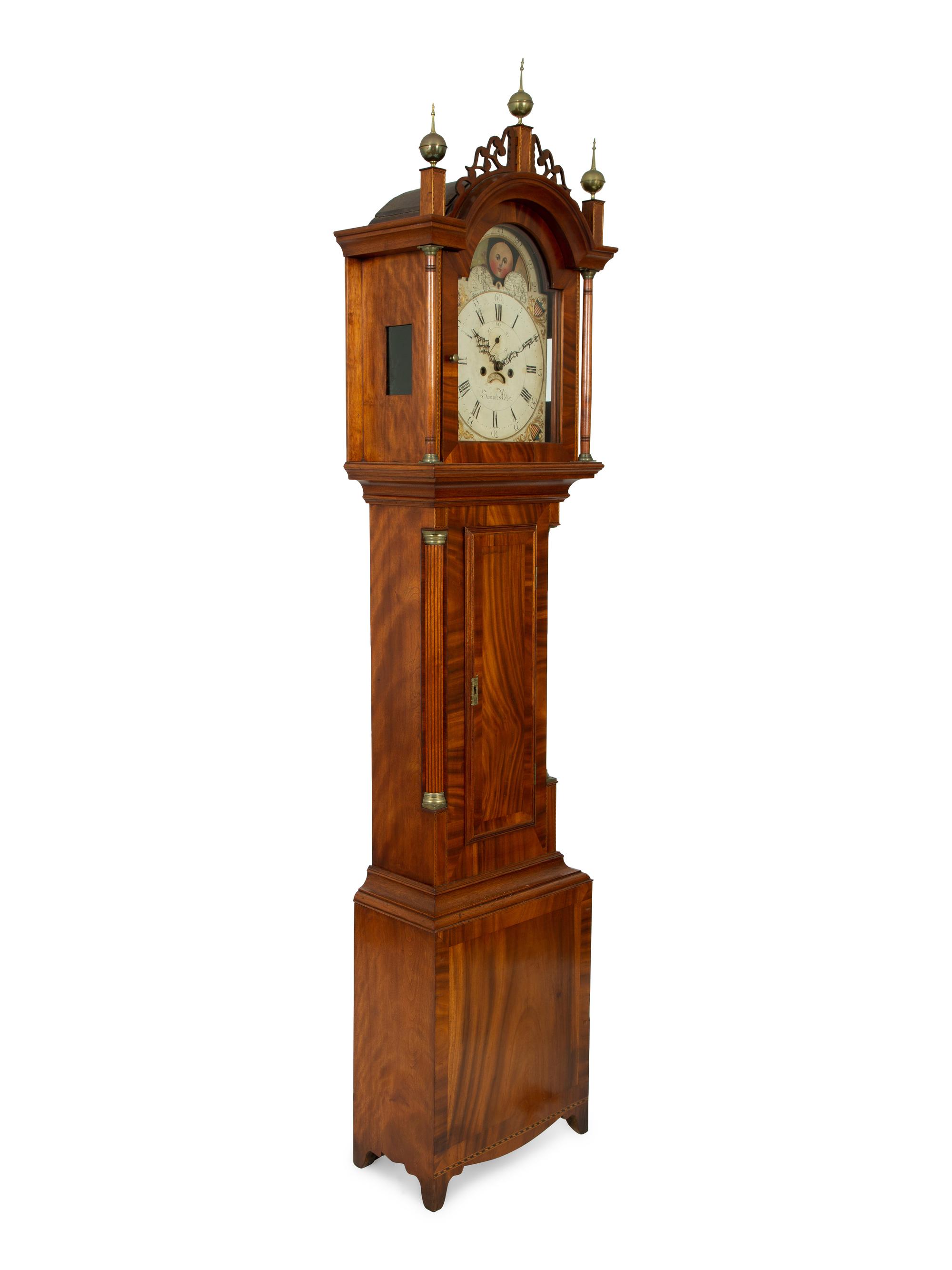 An American Satinwood Inlaid Mahogany Tall Case Clock with Works by Samuel Abbot — EARLY 19TH CENTURY