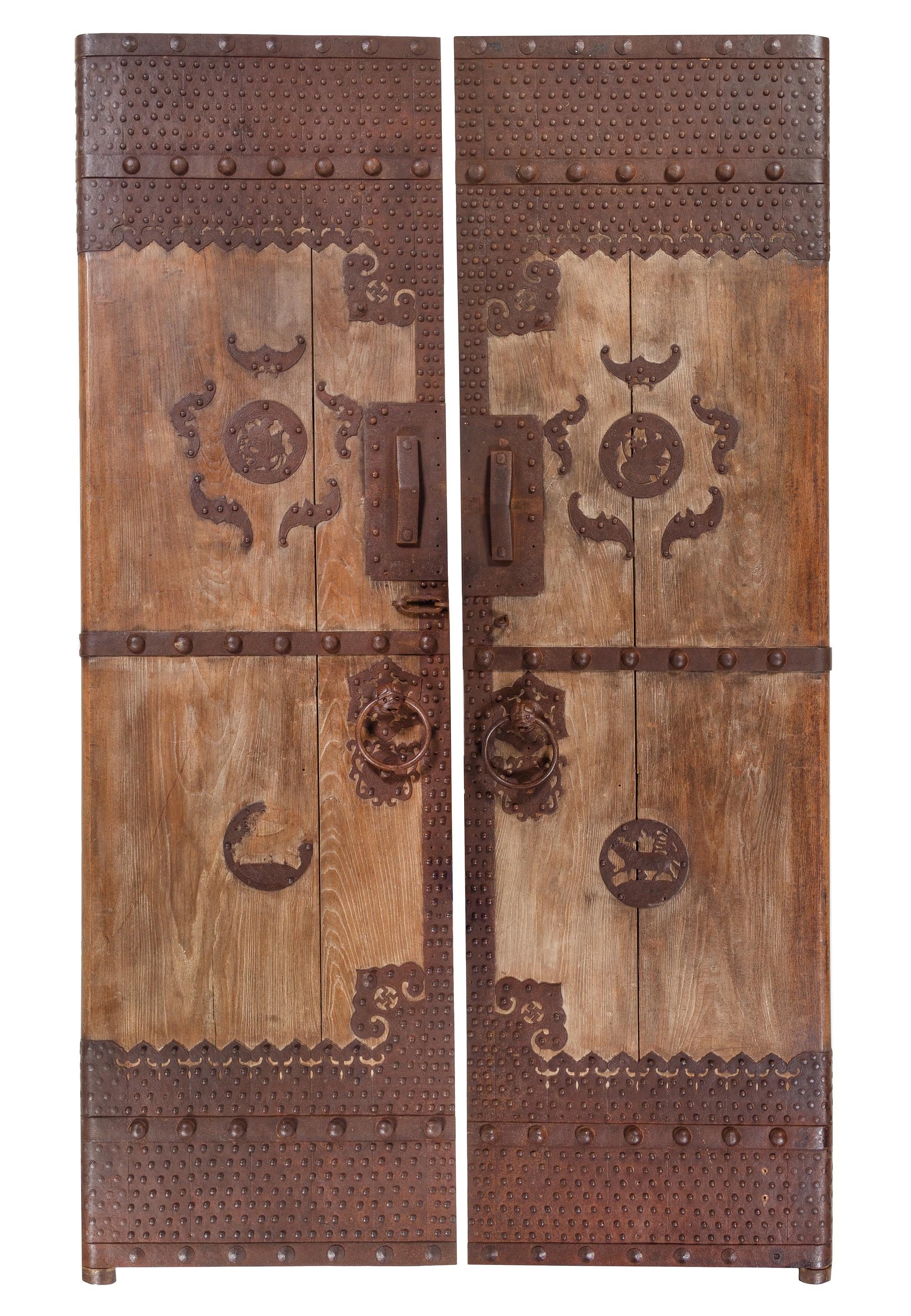 A Pair of Chinese Iron Mounted Hardwood Doors