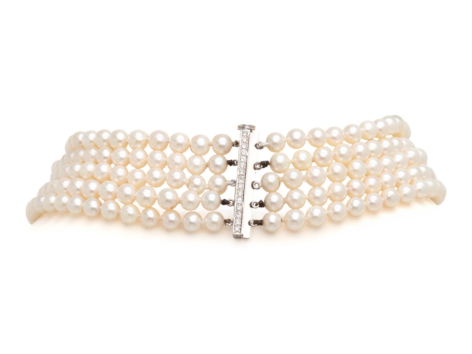 MULTISTRAND CULTURED PEARL AND DIAMOND CHOKER NECKLACE