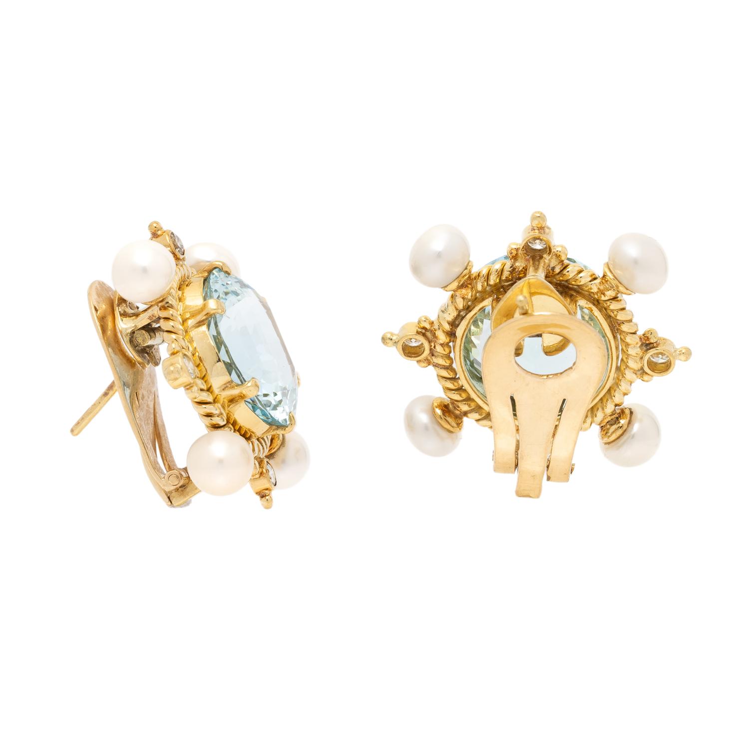AQUAMARINE, CULTURED PEARL, DIAMOND, AND YELLOW GOLD EARRINGS