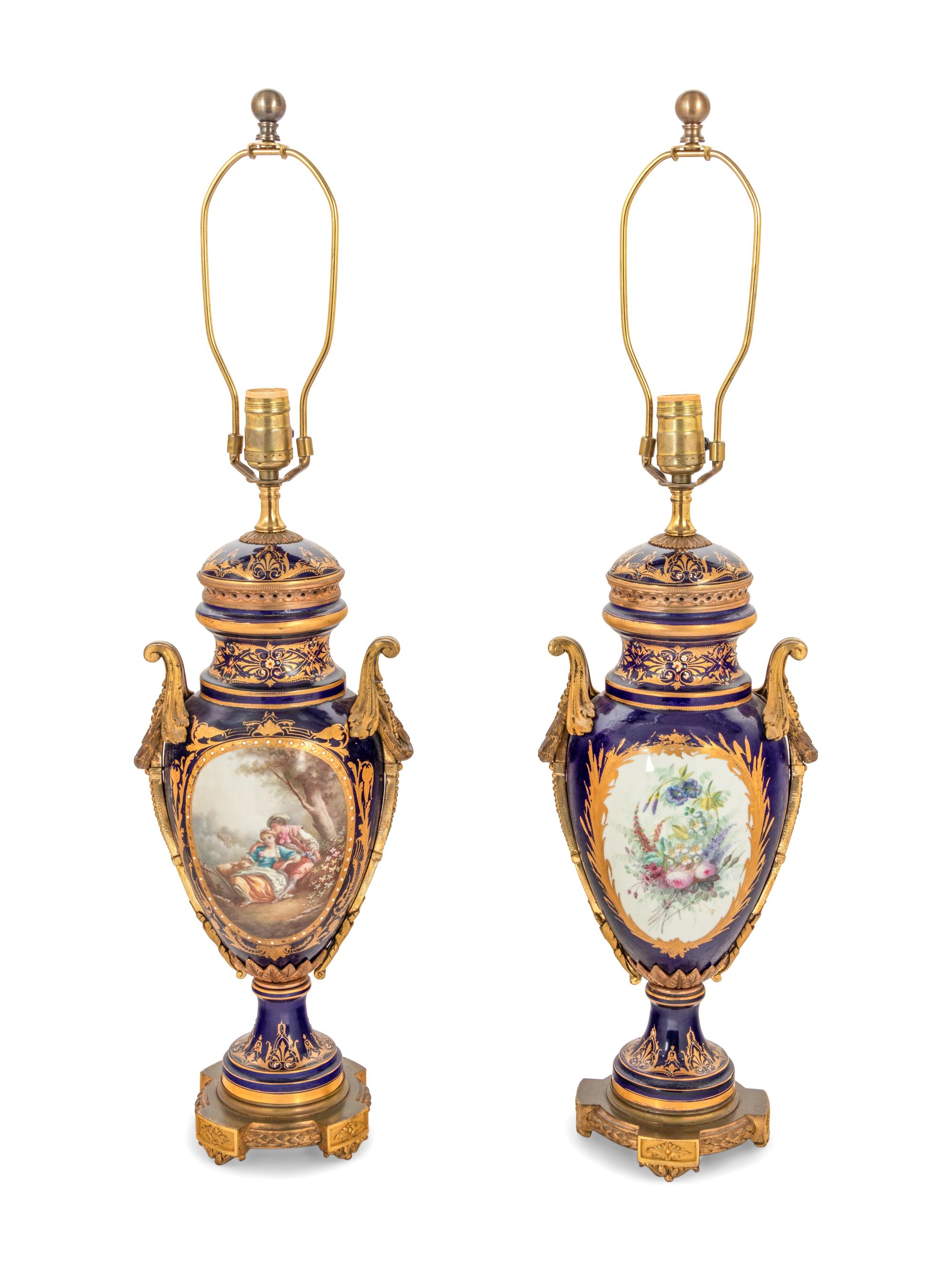 A Pair of Gilt Bronze-Mounted Sèvres Style Porcelain Vases Converted to Lamps
