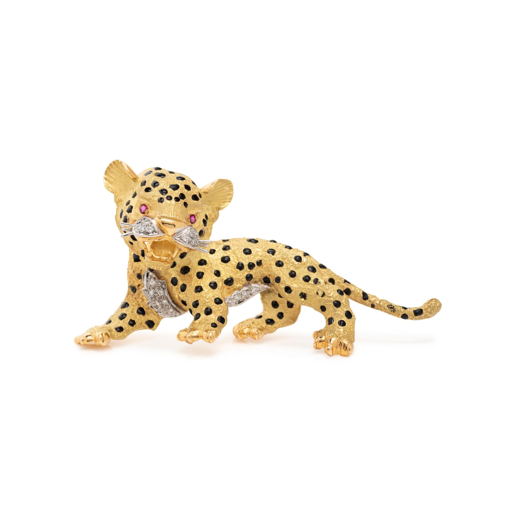 BICOLOR GOLD, DIAMOND AND ENAMEL LEOPARD BROOCH