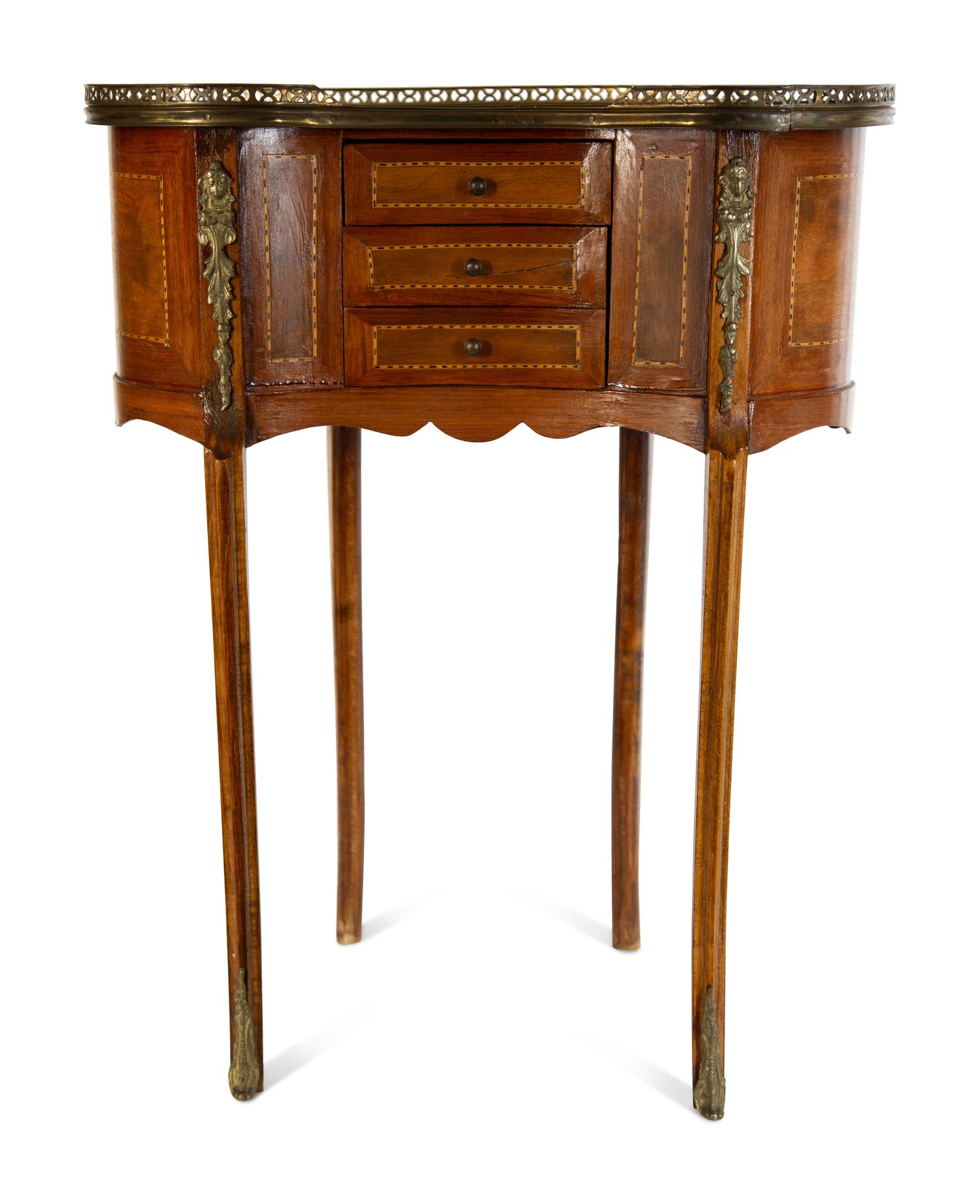 Three French Fruitwood Marble-Top Side Tables
