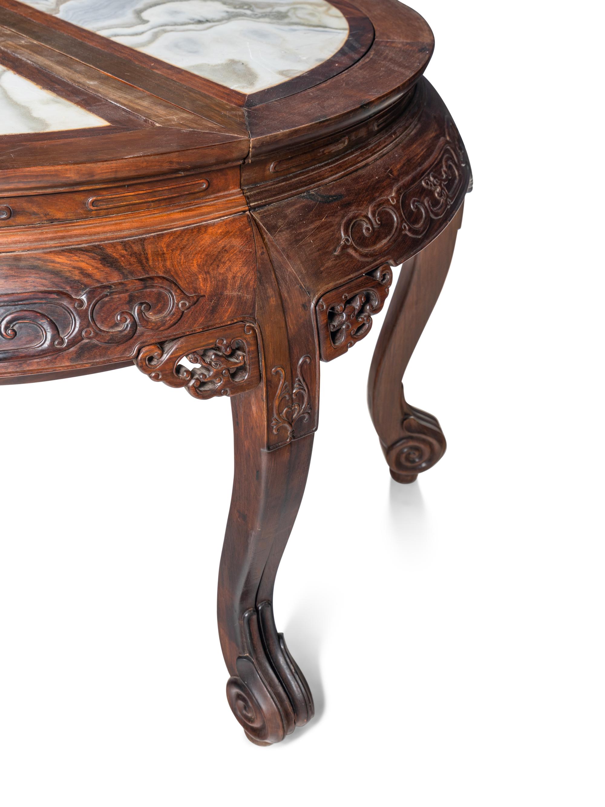 A Pair of Chinese Marble Inset Hardwood Demi-Lune Side Tables and Five Matching Stools