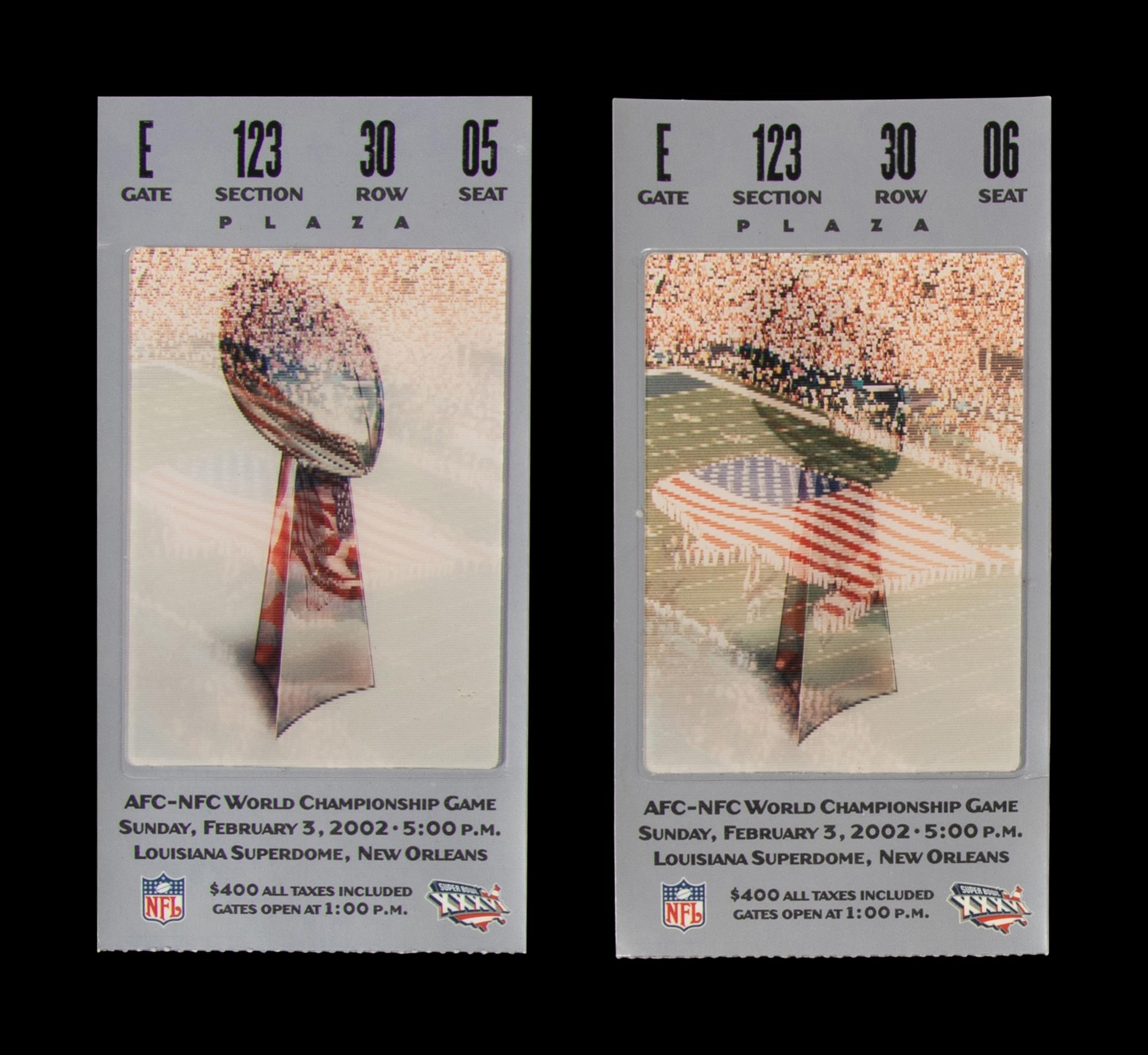 A Group of Two 2001 Super Bowl XXXVI On Site Silver Tickets (Tom Brady's First Super Bowl Victory, MVP),