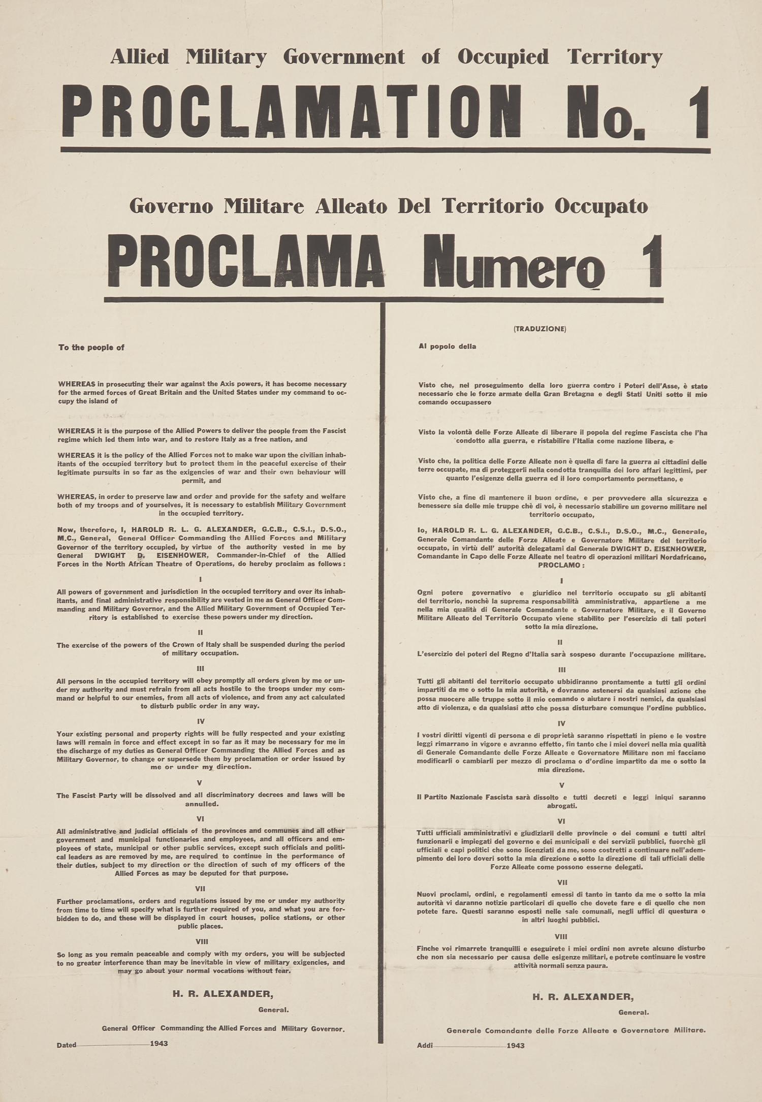 [World War II] European Theater Allied Military Government of Occupied Territory Proclamation No. 1
