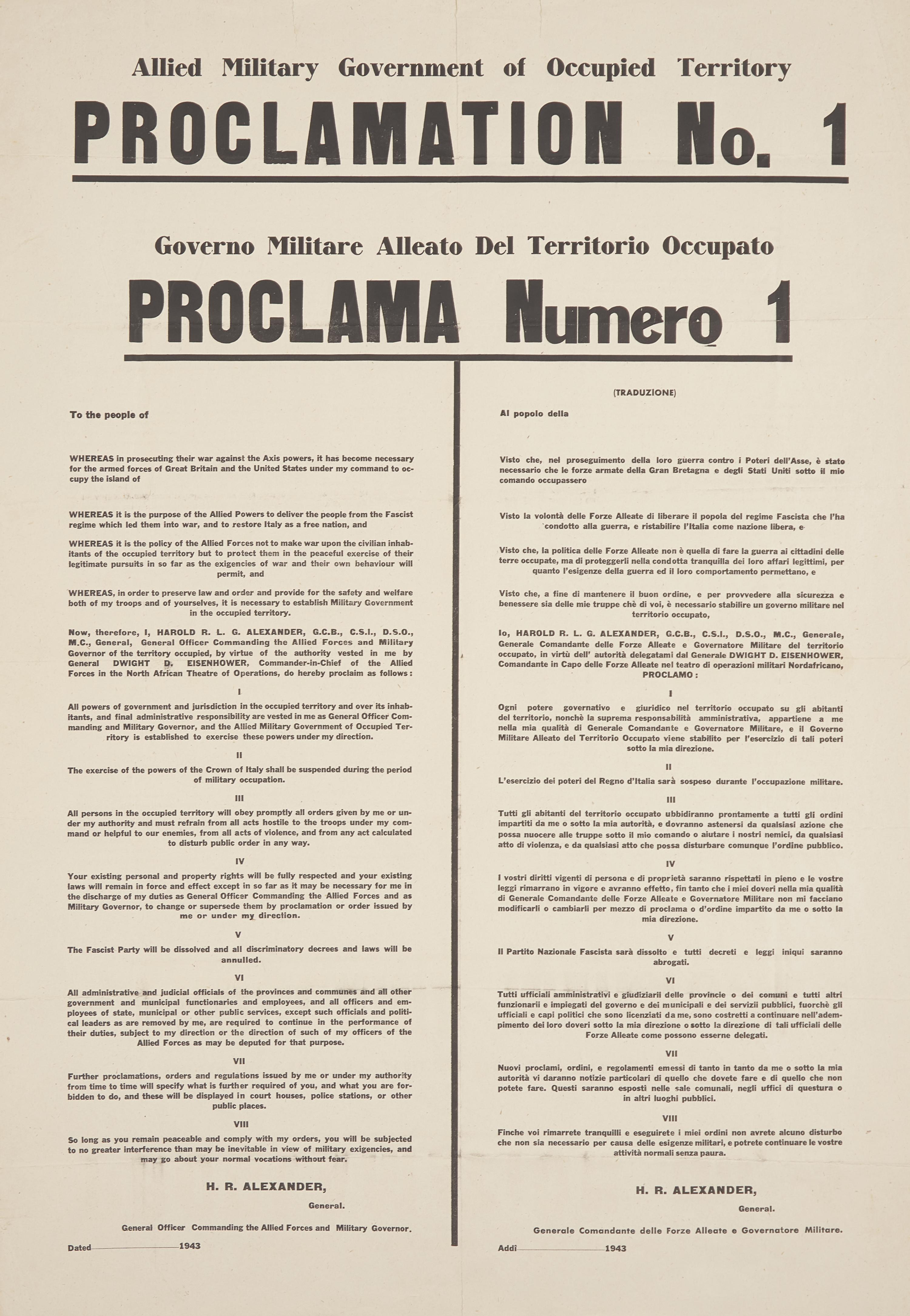 [World War II] European Theater Allied Military Government of Occupied Territory Proclamation No. 1