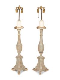 A Pair of Italian Green Painted and Parcel Gilt Pricket Sticks Now Mounted as Lamps
