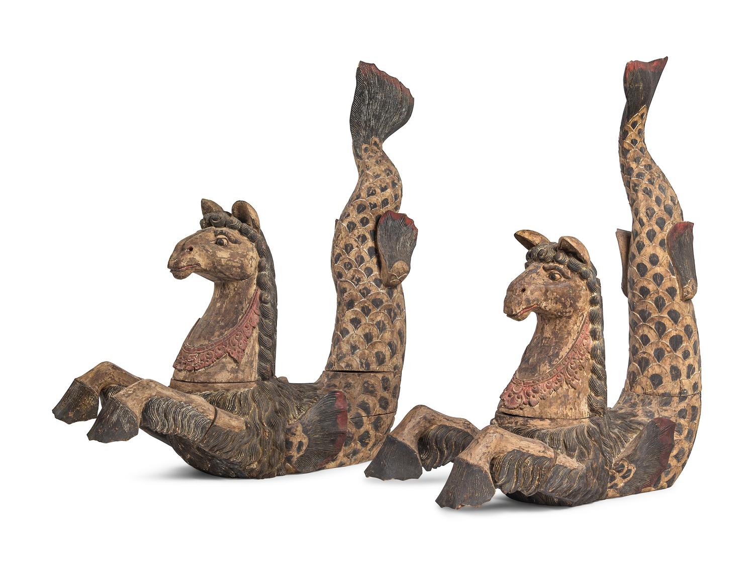 A Pair of Large Balinese Carved and Polychrome Decorated Models of Hippocampi