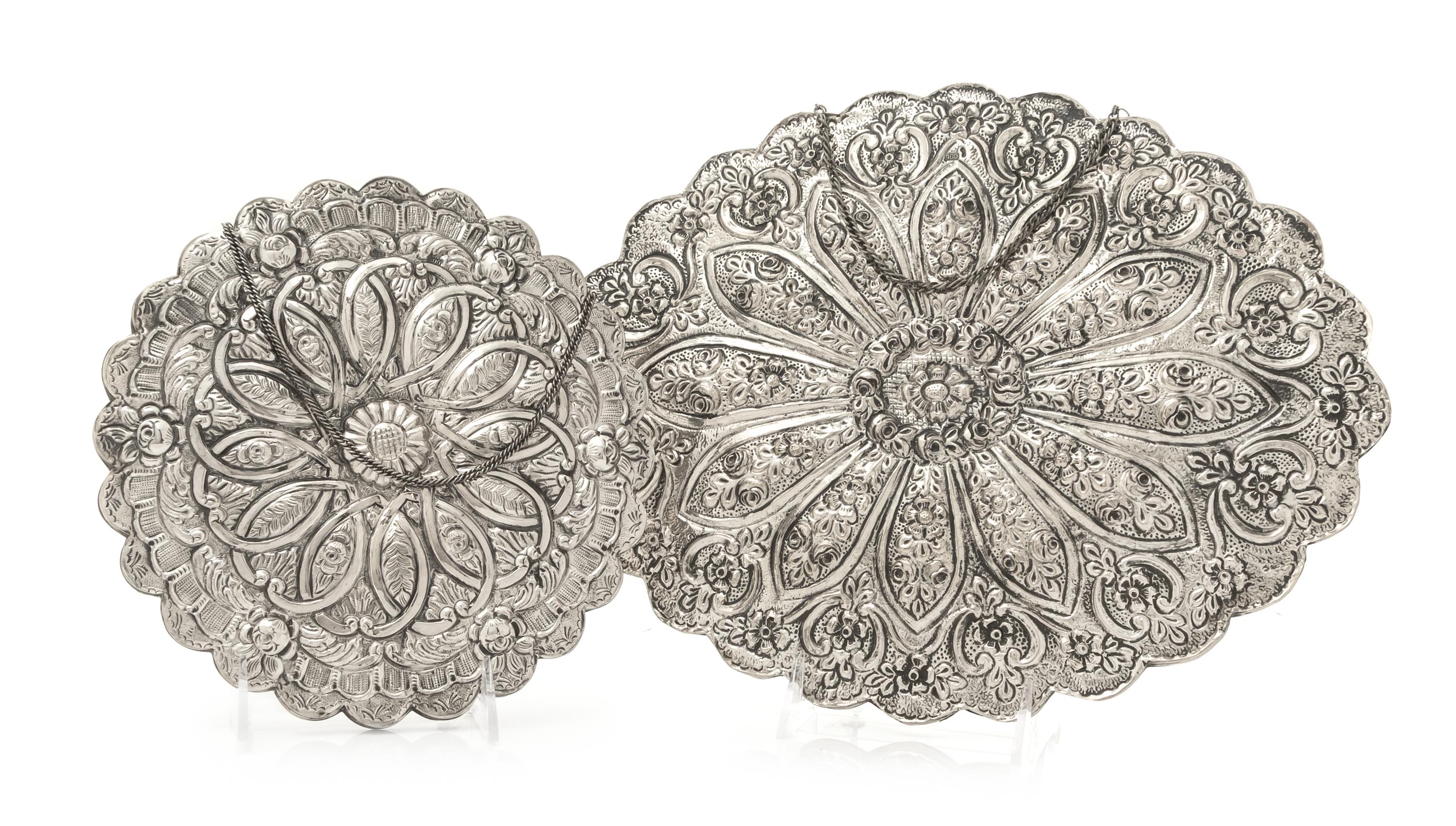 Two Ottoman Empire Style Turkish Silver Mirrors, Bedo, 20th Century, comprising an oval and a circular example, each having a scalloped