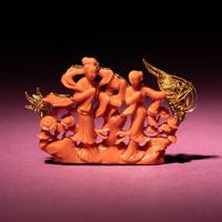 A Chinese Carved Red Coral ‘ Meiren" Brooch, 20th Century — 近代 金鑲珊瑚鏤雕仕女圖胸針