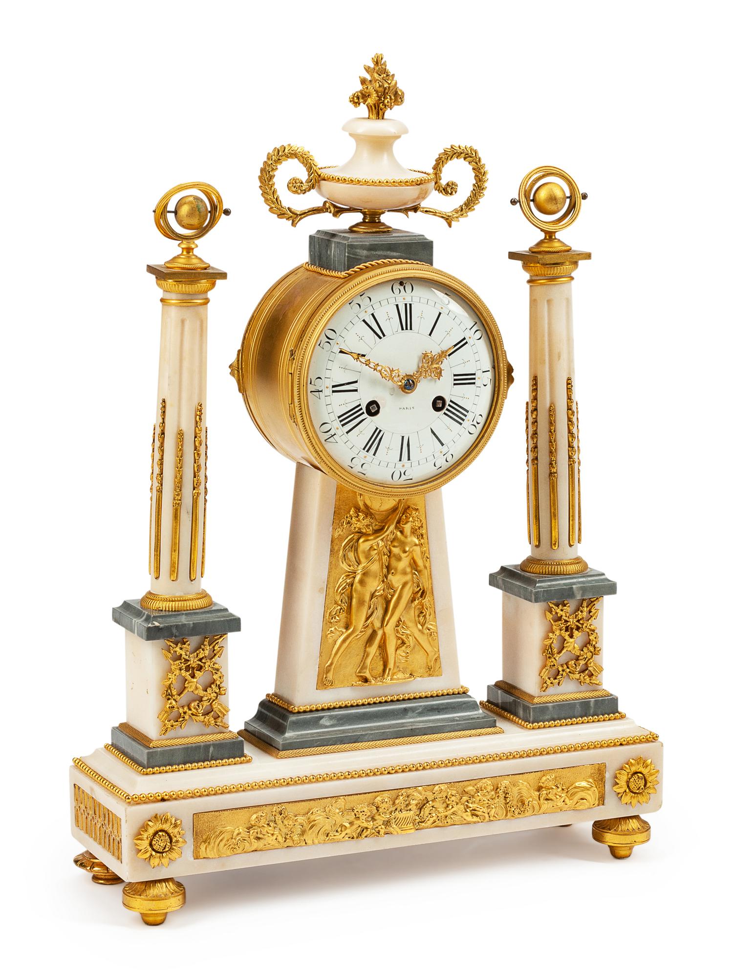 A French Neoclassical Gilt Bronze and Marble Mantel Clock