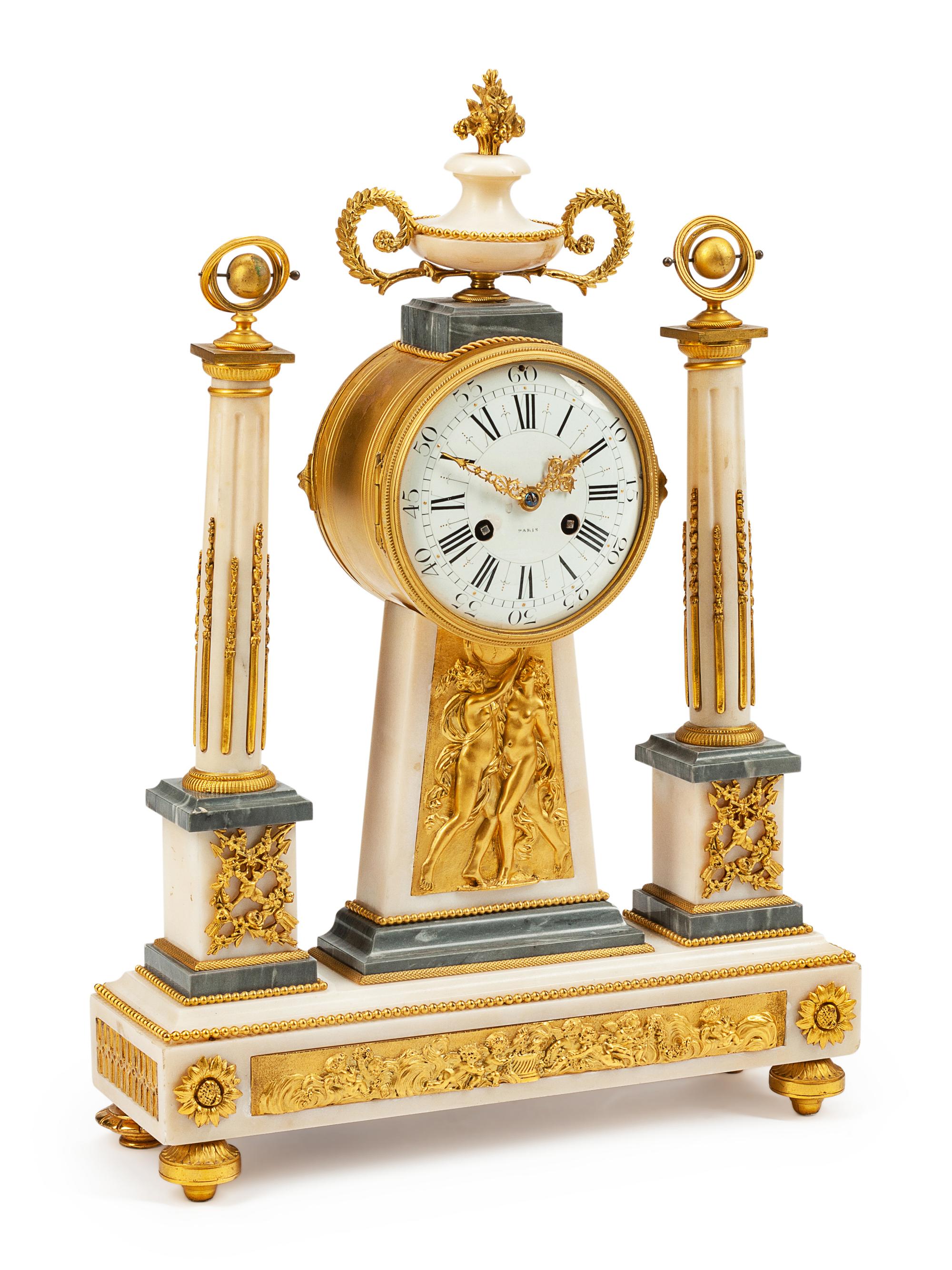 A French Neoclassical Gilt Bronze and Marble Mantel Clock