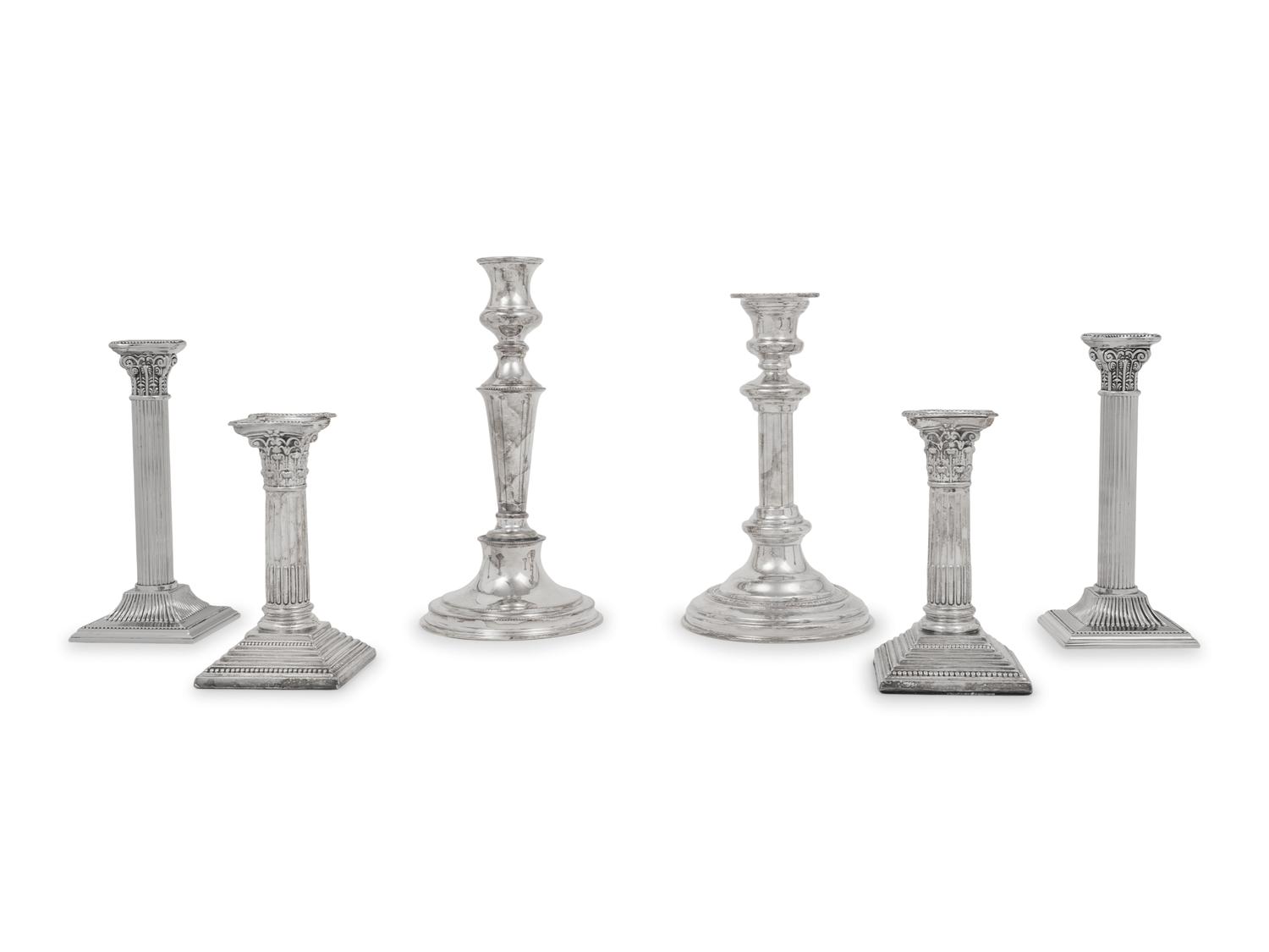 A Group of Six Silver-Plate Candlesticks