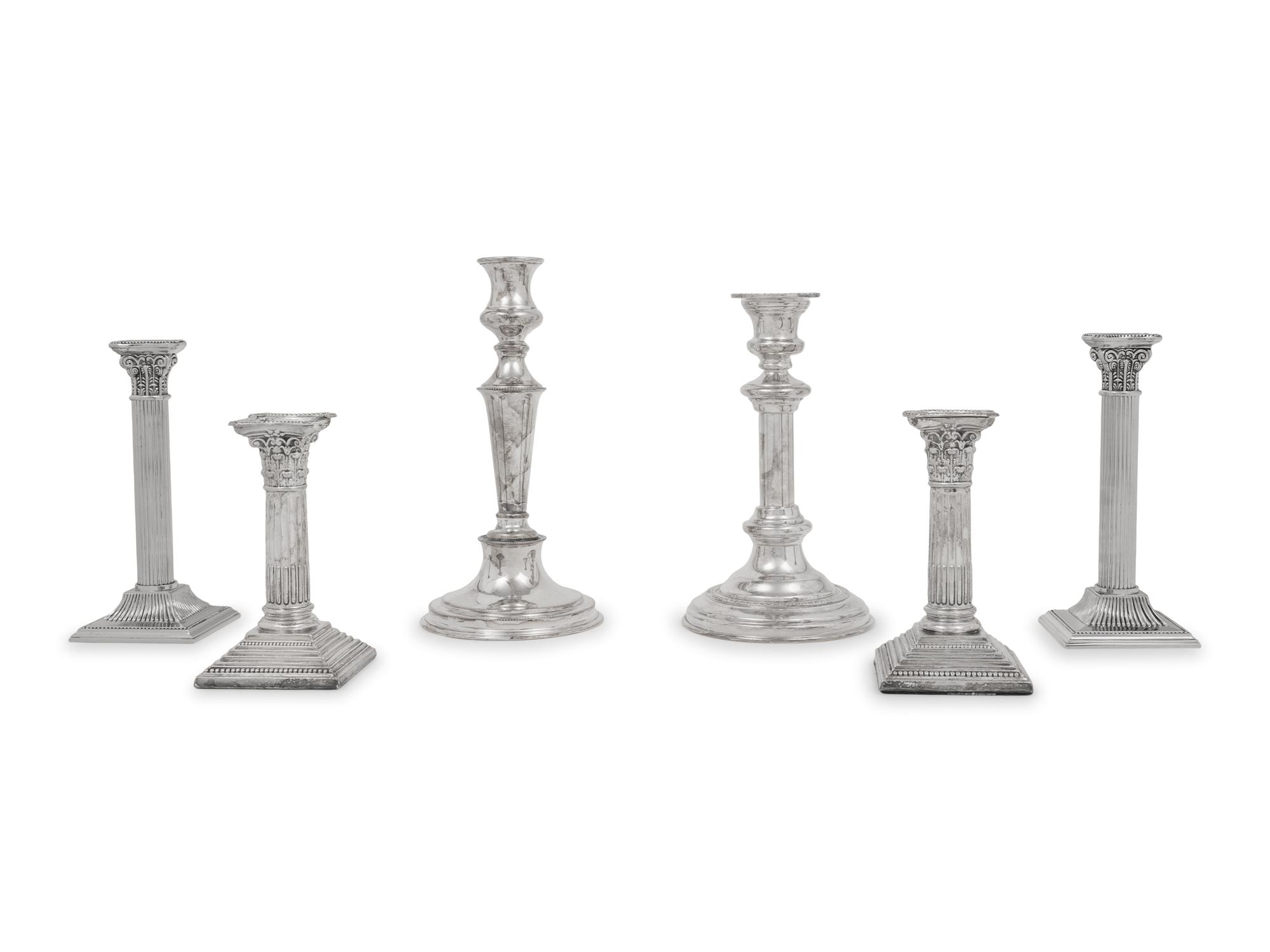 A Group of Six Silver-Plate Candlesticks