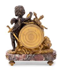 A Louis XV Style Gilt and Patinated Bronze and Marble Figural Mantel Clock