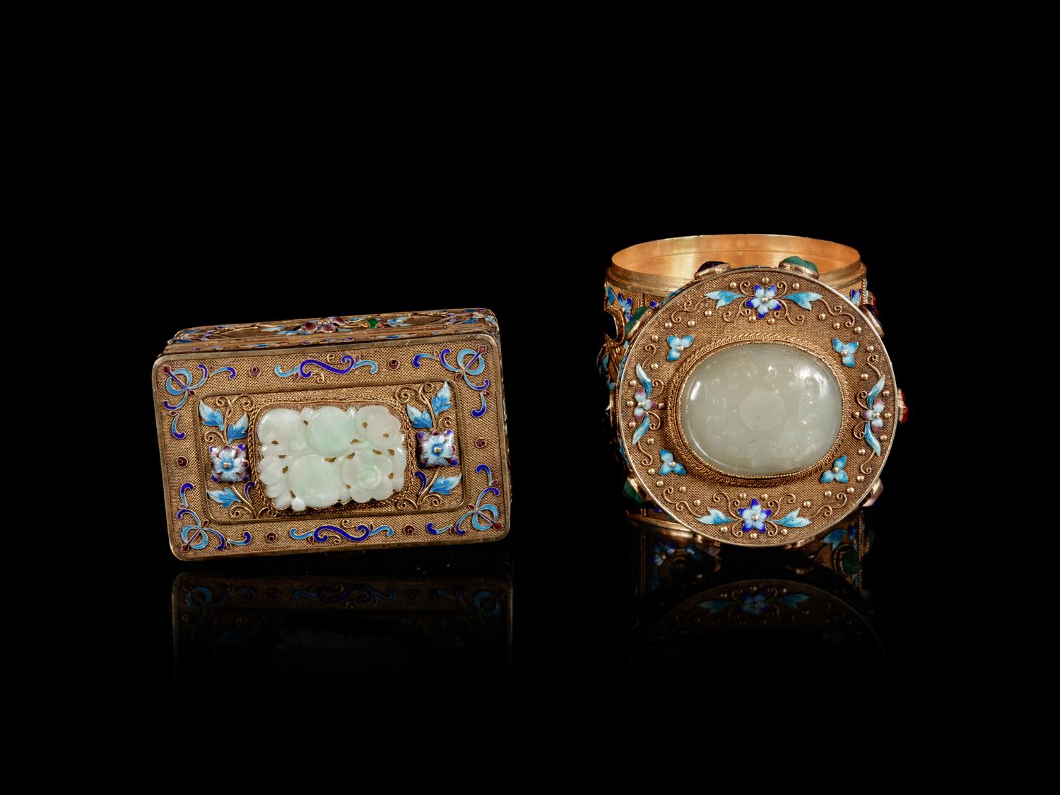 Two Jade and Hardstone Filigree and Enameled Jewelry Boxes