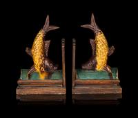 A Pair of Chinese Green and Yellow Glazed Stoneware Fish-Form Roof Tiles
