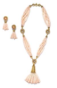 An 18 Karat Yellow Gold, Coral, Cultured Pearl and Diamond Demi Parure,
