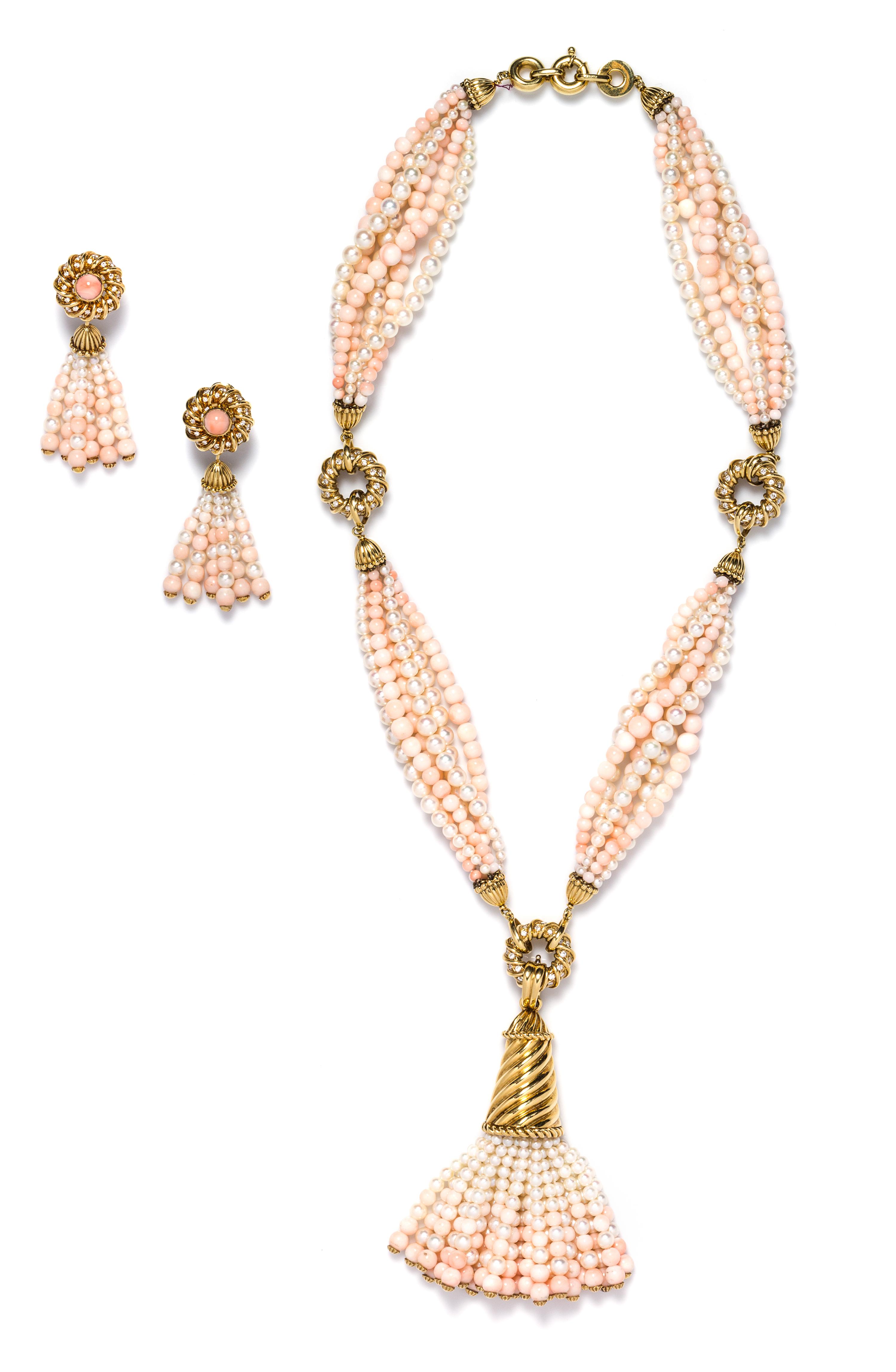 An 18 Karat Yellow Gold, Coral, Cultured Pearl and Diamond Demi Parure,