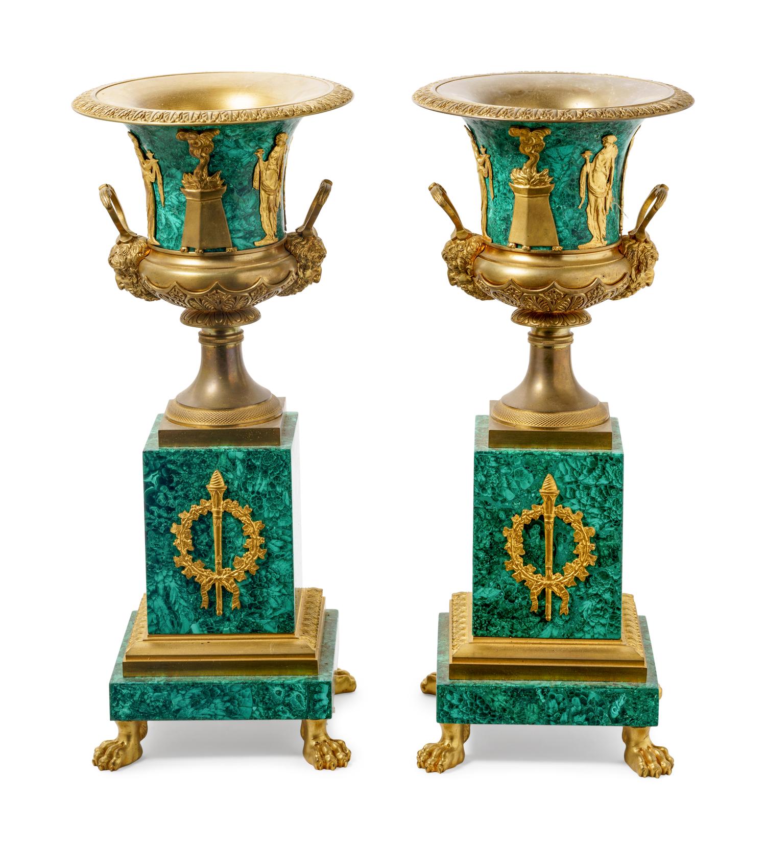 A Pair of Empire Style Gilt Bronze Mounted Malachite Veneered Urns