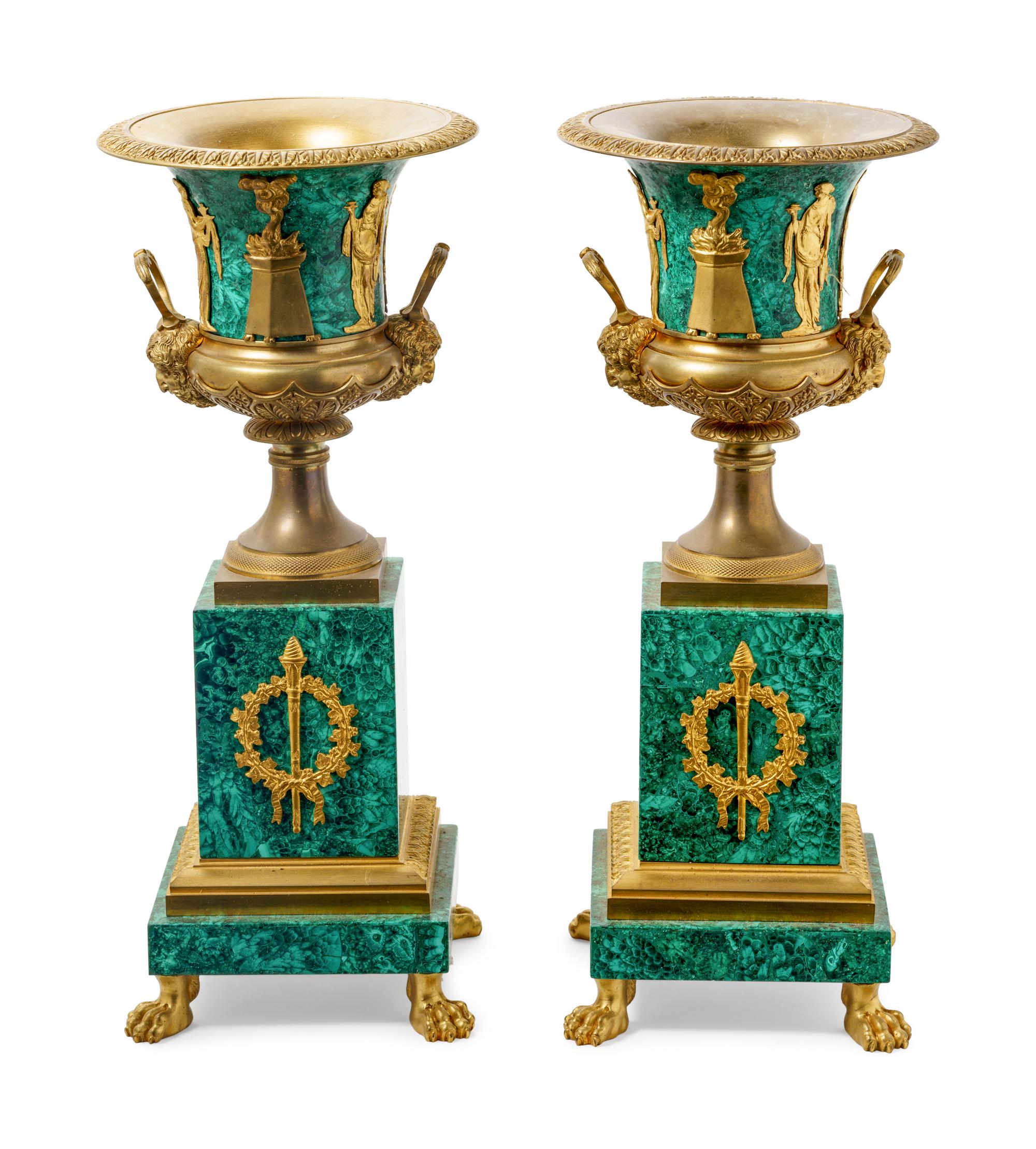 A Pair of Empire Style Gilt Bronze Mounted Malachite Veneered Urns