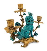 A Louis XV Style Gilt Bronze and Turquoise Glazed Porcelain Three-Light Candelabrum