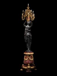 A Pair of Monumental Gilt and Patinated Bronze and Rouge Marble Figural Torchères