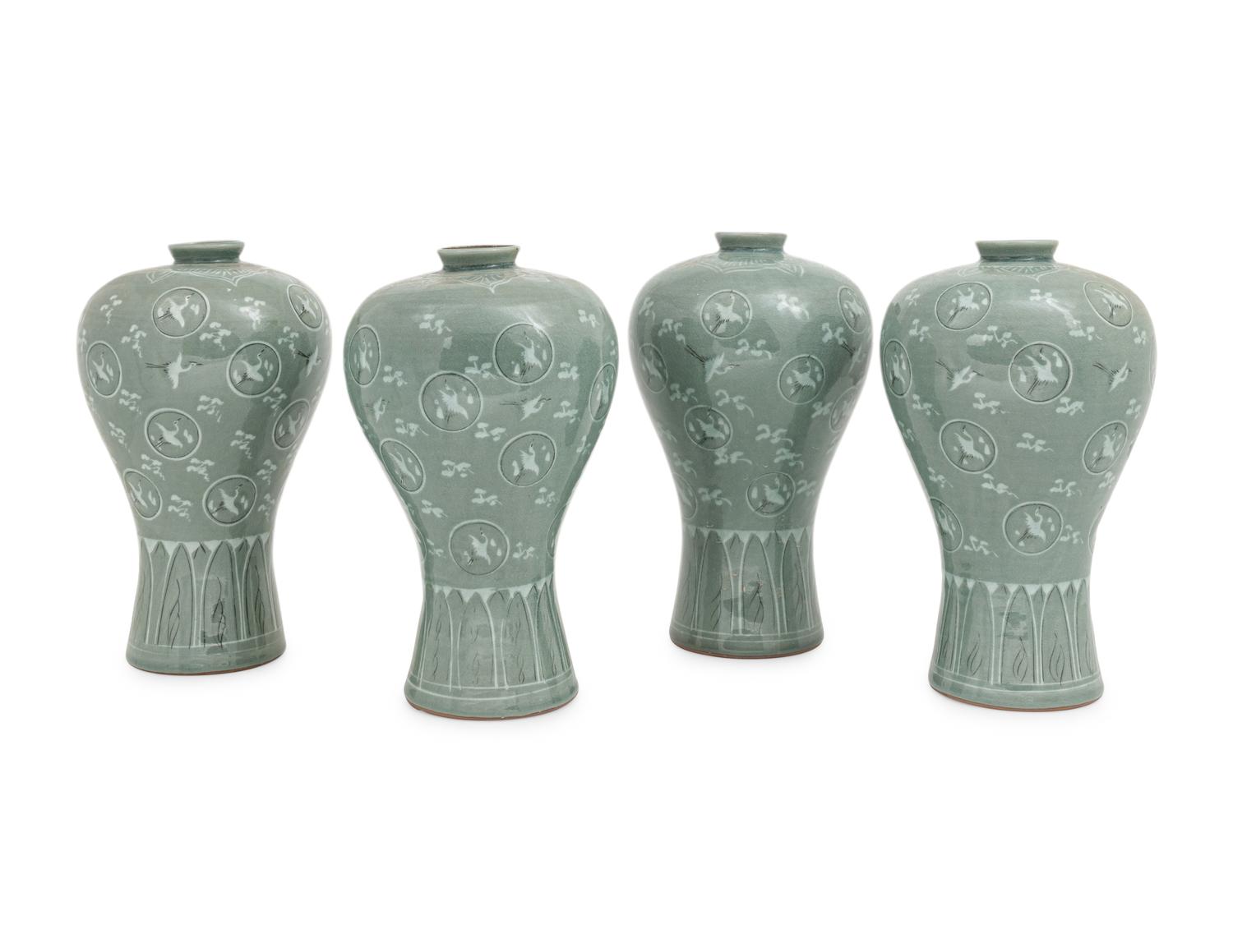 Four Korean Celadon Ground Porcelain 'Crane and Cloud' MaeByong Vases