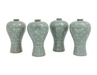 Four Korean Celadon Ground Porcelain 'Crane and Cloud' MaeByong Vases