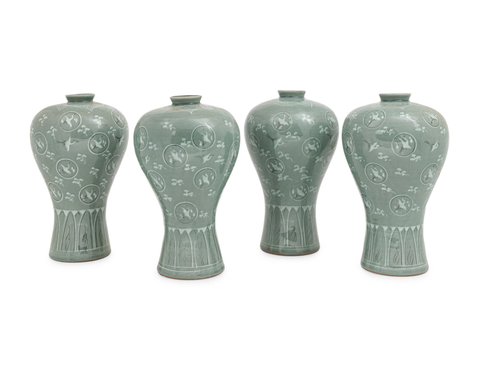 Four Korean Celadon Ground Porcelain 'Crane and Cloud' MaeByong Vases