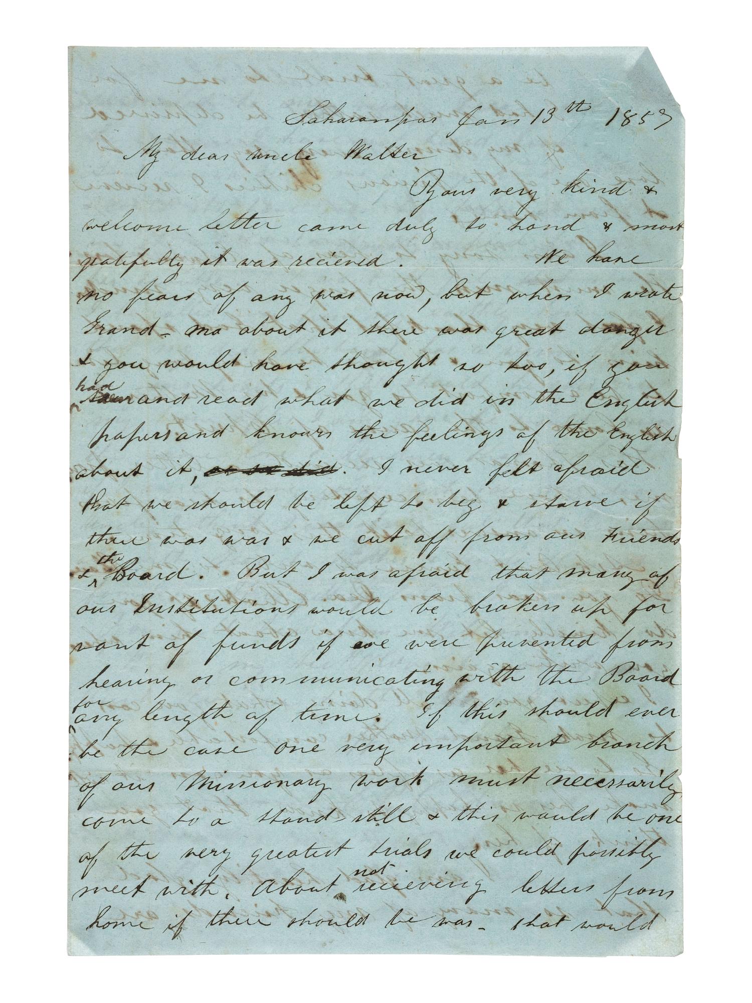 [MISSIONARIES]. A group of 3 letters written by Presbyterian missionary Rev. William Calderwood from Saharanpur, India, during the 1857 First War of Indian Independence.