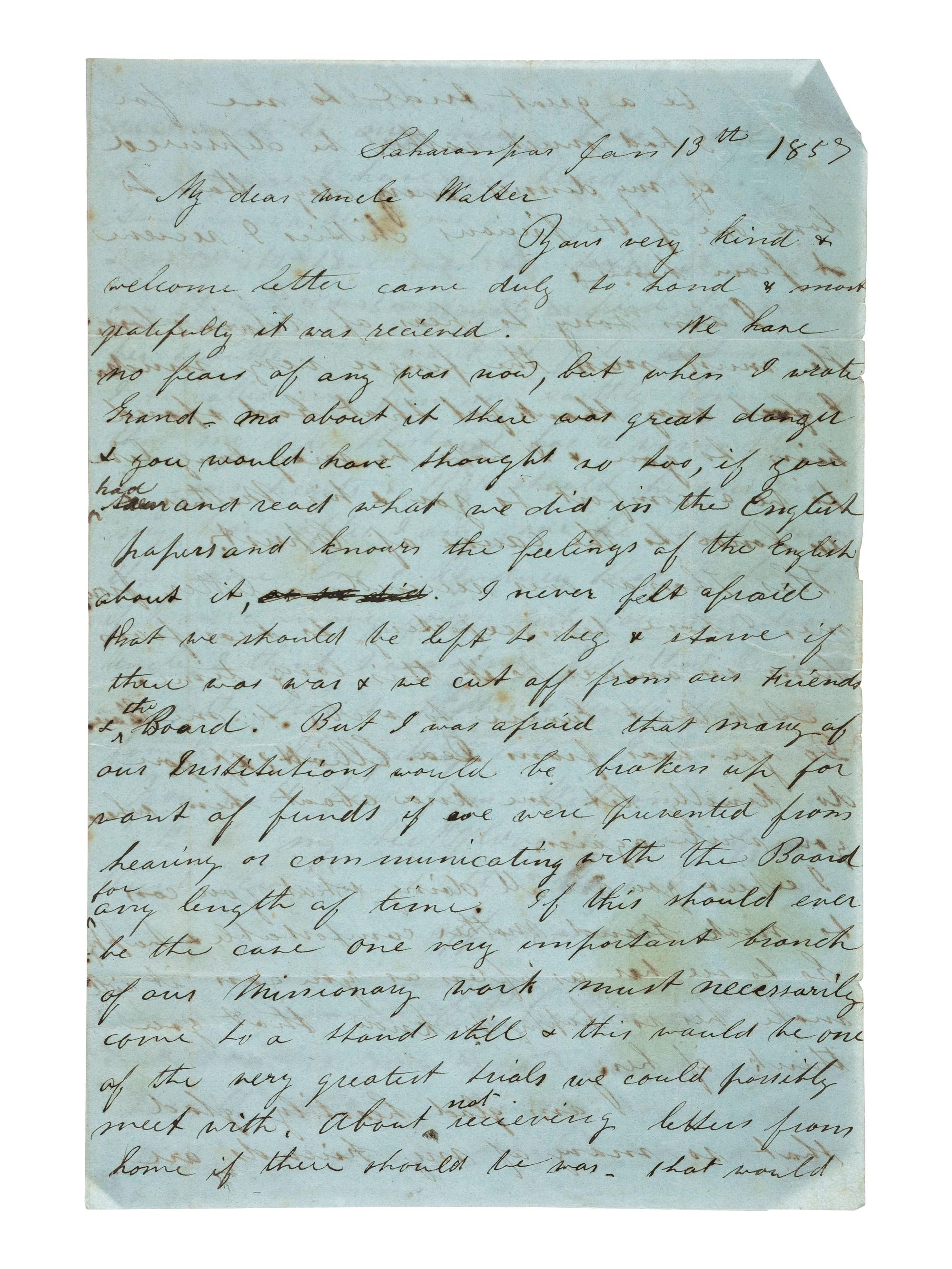 [MISSIONARIES]. A group of 3 letters written by Presbyterian missionary Rev. William Calderwood from Saharanpur, India, during the 1857 First War of Indian Independence.