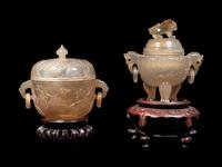 Two Carved Agate Covered Vessels