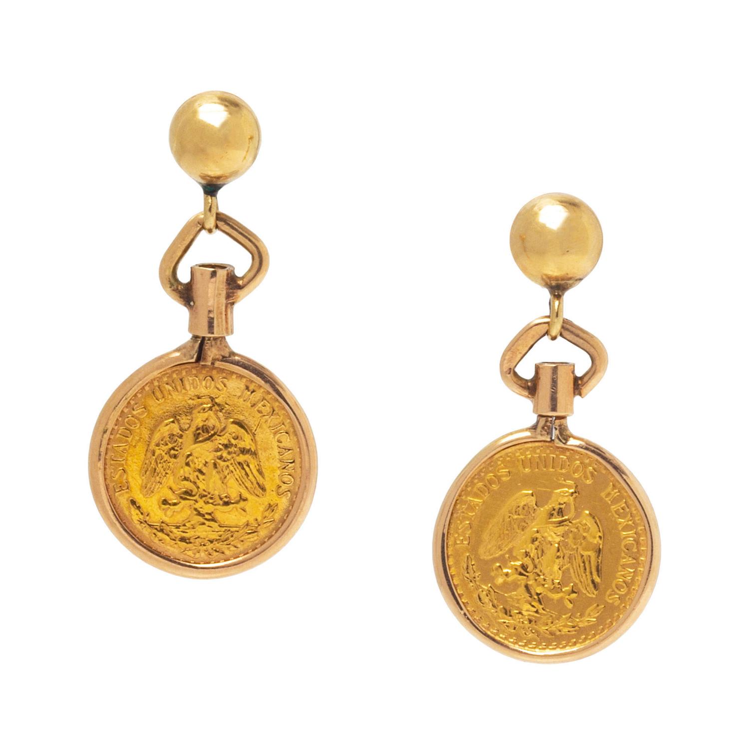 A Pair of 14 Karat Yellow Gold and Dos Pesos Coin Earrings,