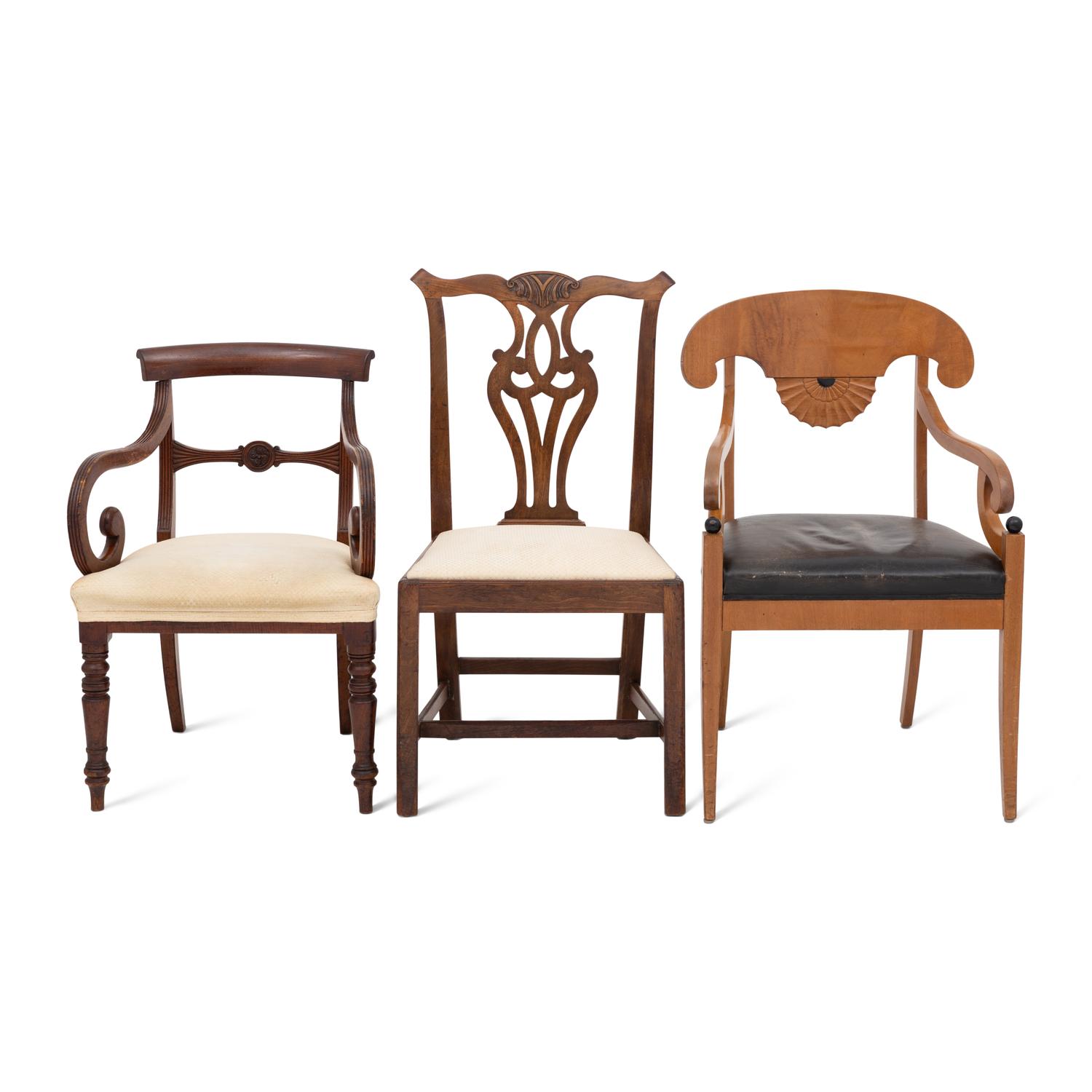 A Group of Three Carved and Upholstered Chairs
