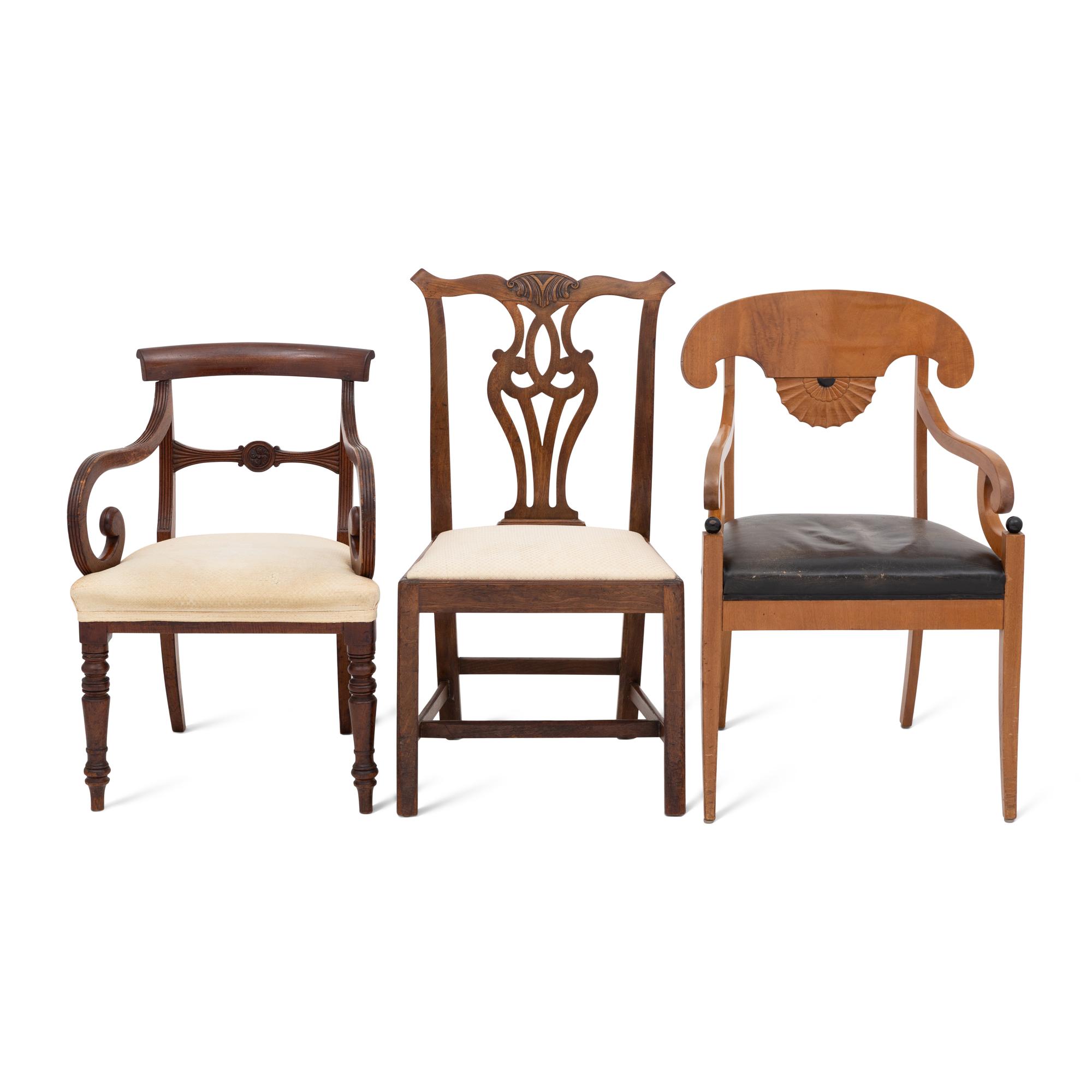 A Group of Three Carved and Upholstered Chairs
