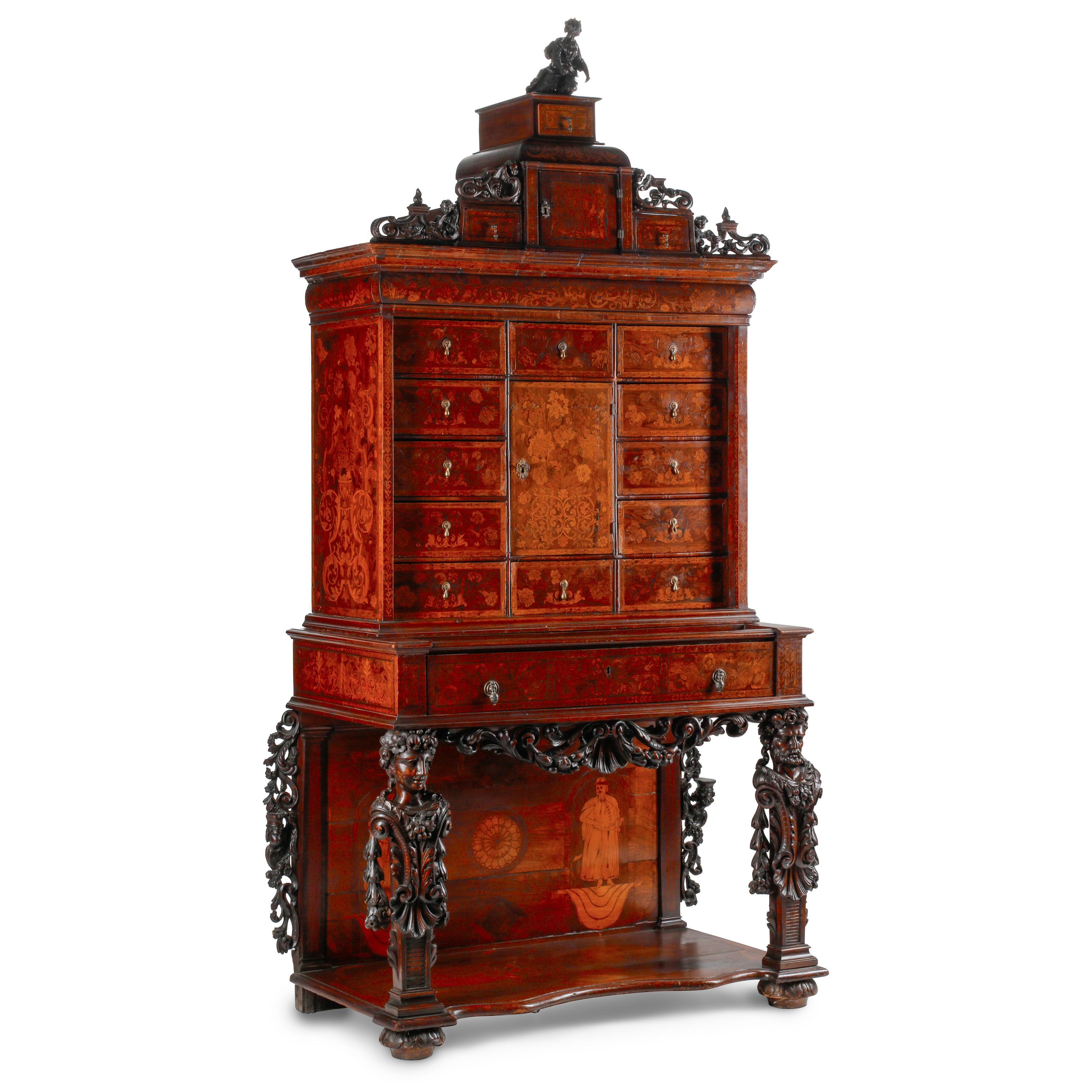 A Flemish Baroque Walnut and Marquetry Bureau Cabinet
