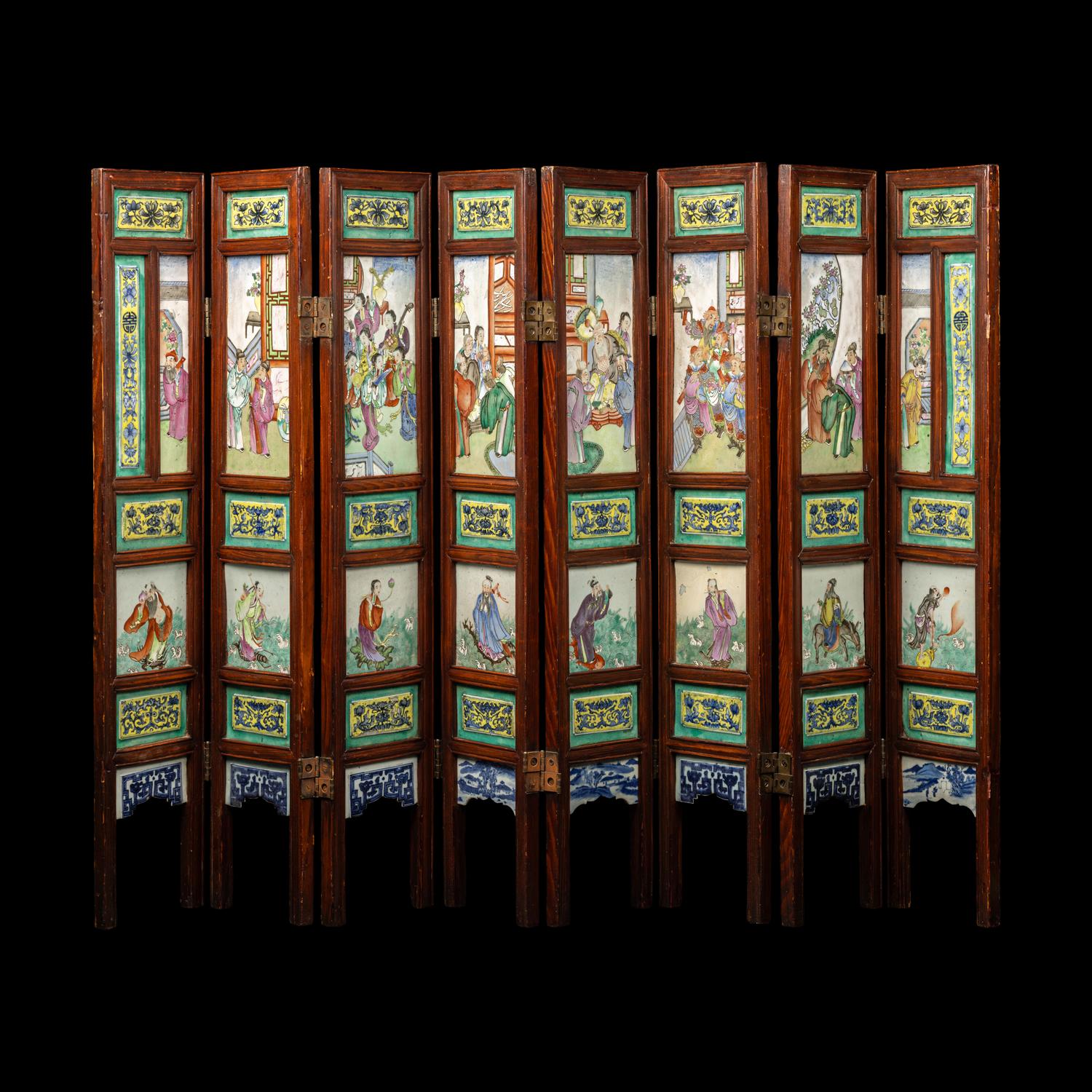 A Chinese Famille Rose Porcelain Inset Hardwood Eight-Panel Table Screen, Late Qing Dynasty 清晚期 紅木嵌瓷板八扇屏