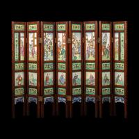 A Chinese Famille Rose Porcelain Inset Hardwood Eight-Panel Table Screen, Late Qing Dynasty 清晚期 紅木嵌瓷板八扇屏