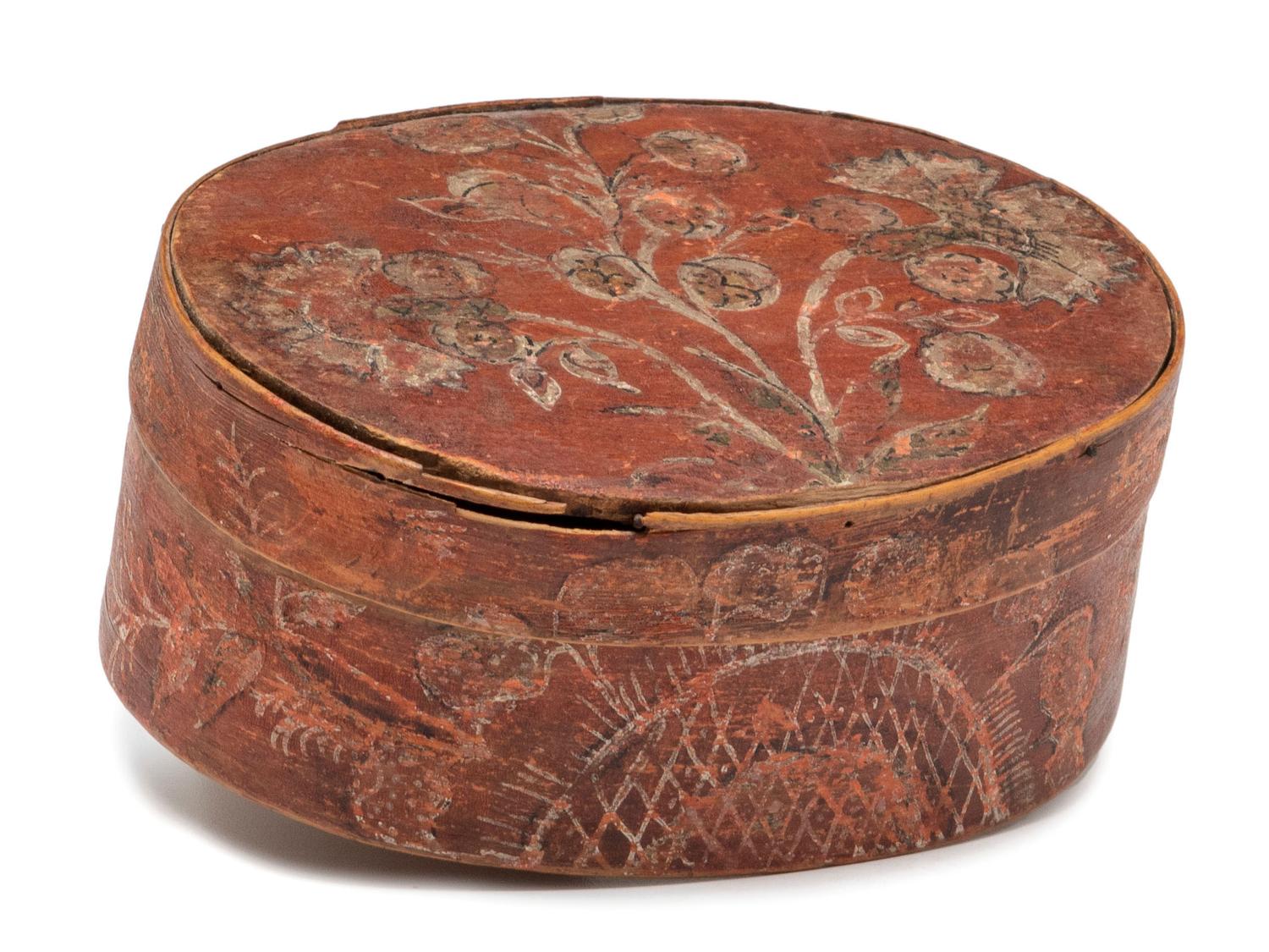 A Red Painted Floral-Decorated Bentwood Box