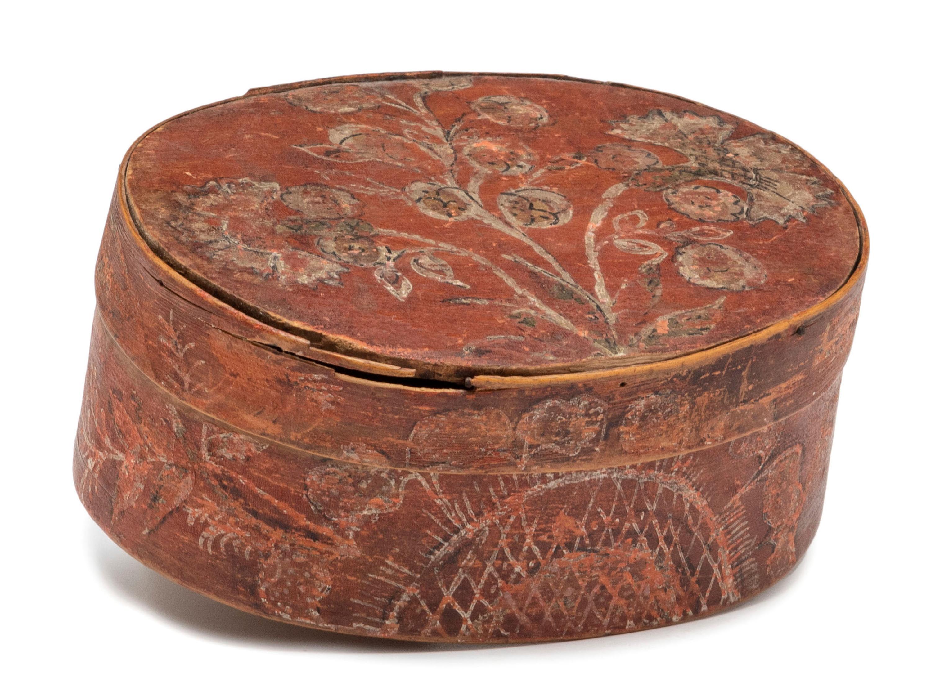 A Red Painted Floral-Decorated Bentwood Box