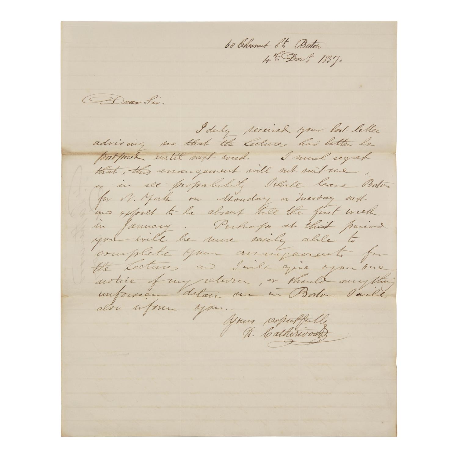 [Education] Brooks, Charles and Catherwood, Frederick. Printed Education Circular, with a Short Autograph Note